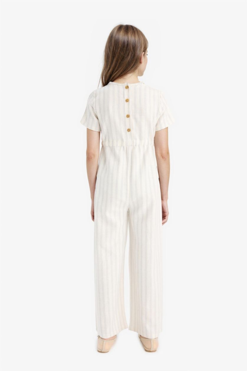 Kız Çocuk - Genç Kız Ekru Kısa Kollu Çizgili Viskon Tulum Kız Çocuk