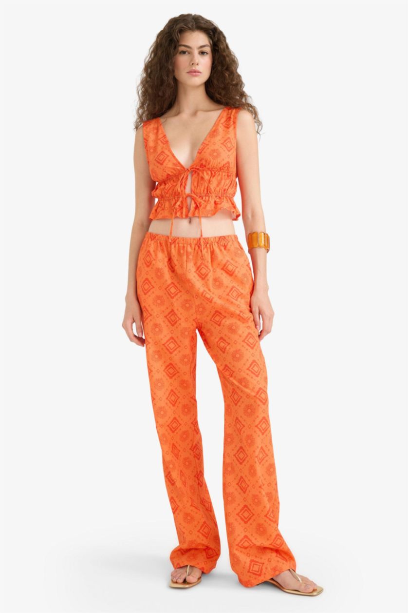 WOMAN Orange Straight Fit Patterned Regular Waist Cotton Trousers