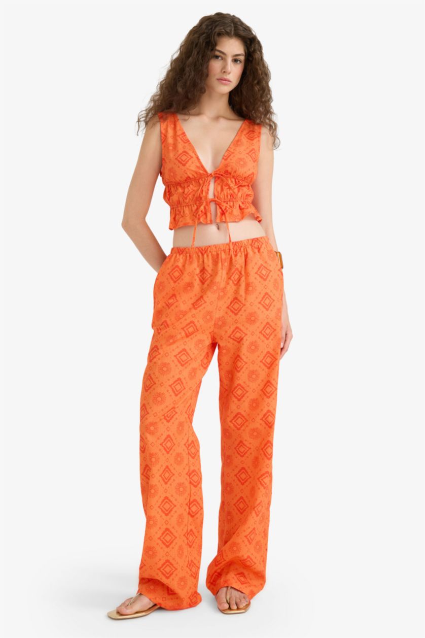 WOMAN Orange Straight Fit Patterned Regular Waist Cotton Trousers