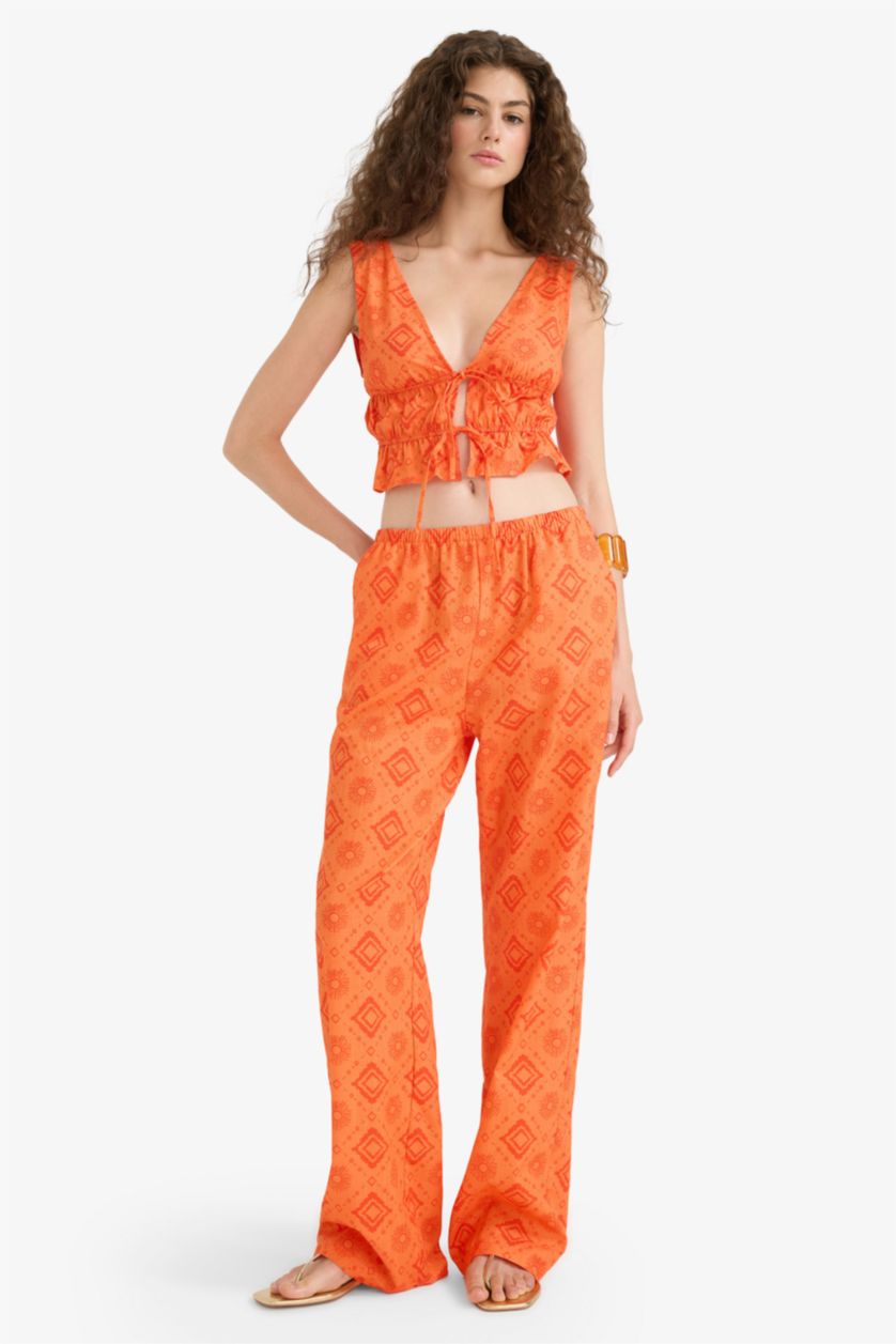 WOMAN Orange Straight Fit Patterned Regular Waist Cotton Trousers