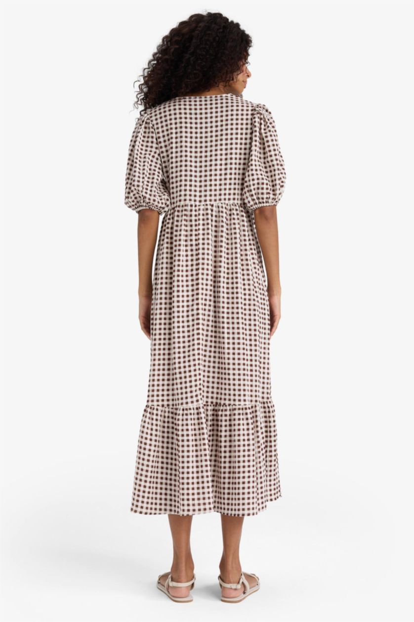 Woman Brown V-Neck Printed Wowen Fabrics Midi Dress