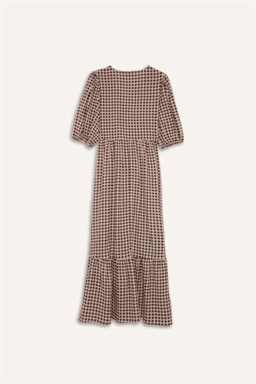 Woman Brown V-Neck Printed Wowen Fabrics Midi Dress
