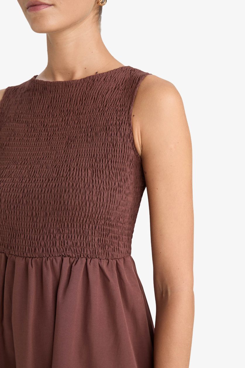 Kadın Kahve Bisiklet Yaka Terry Cotton Kolsuz Midi Elbise