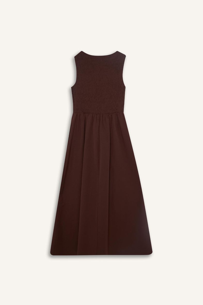 Kadın Kahve Bisiklet Yaka Terry Cotton Kolsuz Midi Elbise