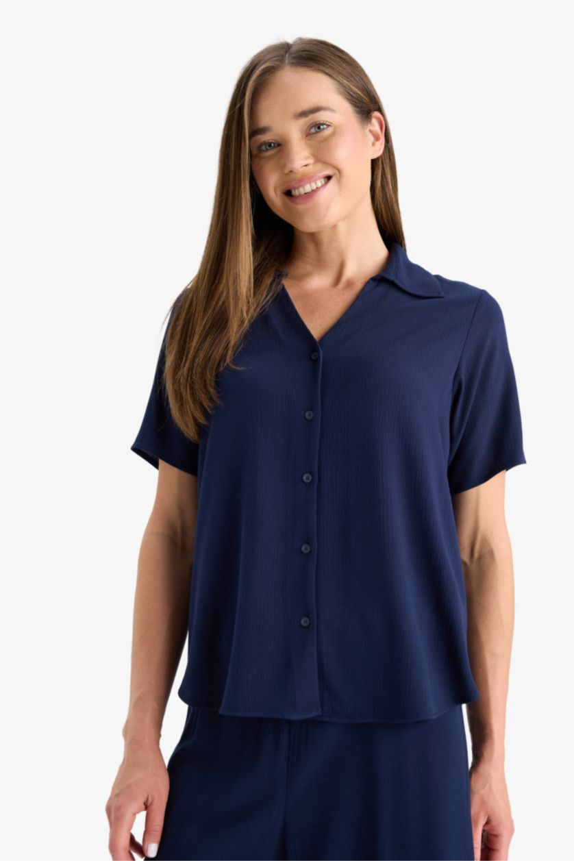 WOMAN NAVY Regular Fit Flap Collar Crinkle Viscose Short Sleeve Shirt