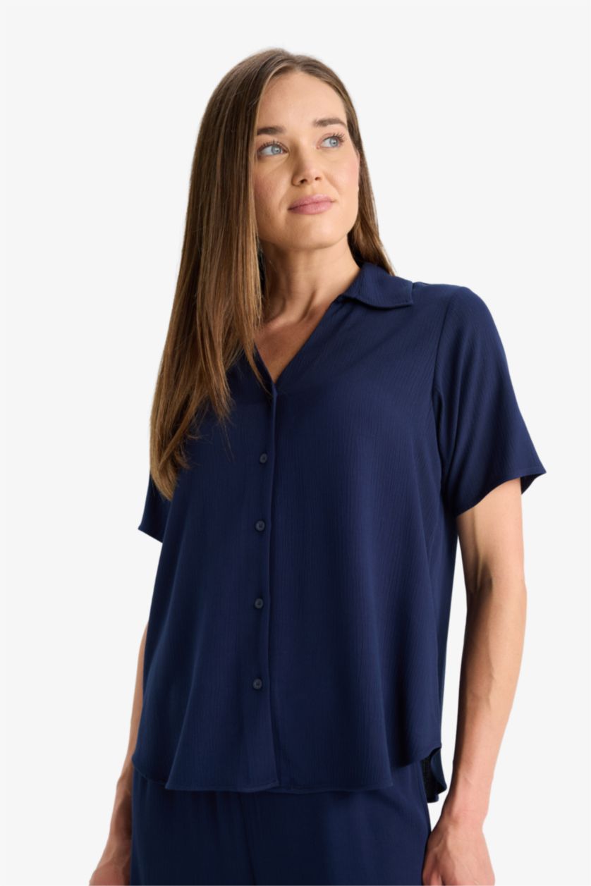 WOMAN NAVY Regular Fit Flap Collar Crinkle Viscose Short Sleeve Shirt