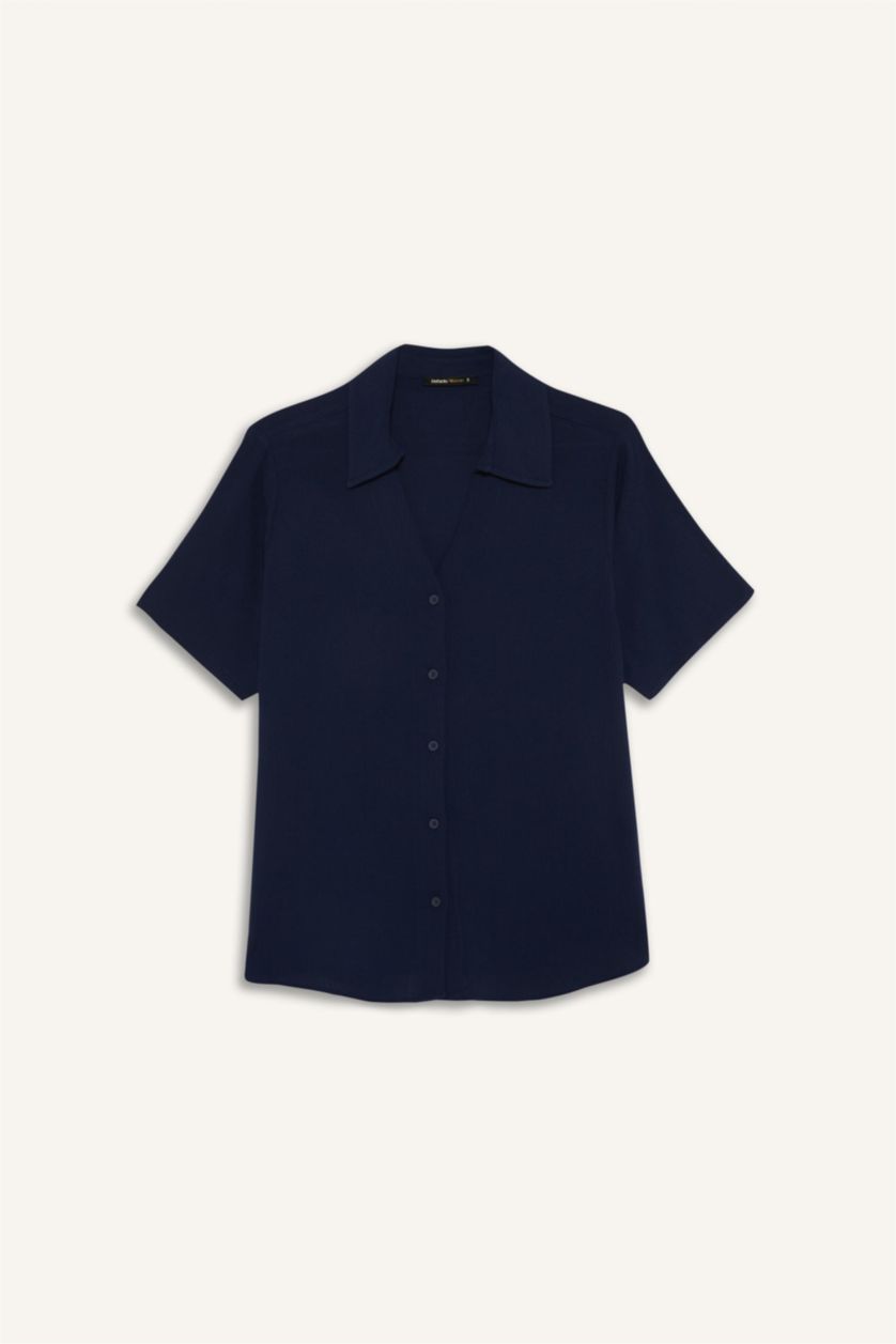 WOMAN NAVY Regular Fit Flap Collar Crinkle Viscose Short Sleeve Shirt