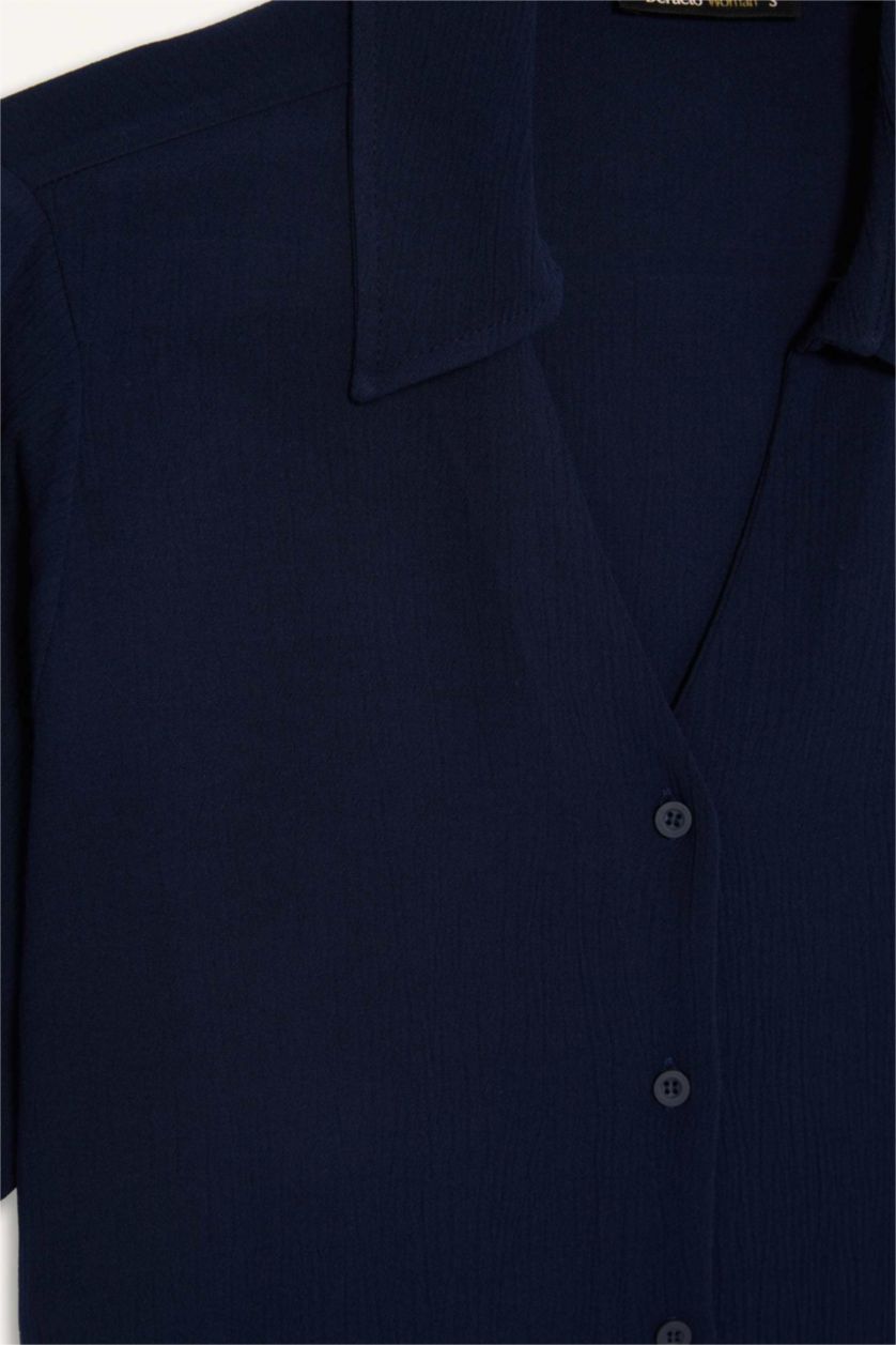 WOMAN NAVY Regular Fit Flap Collar Crinkle Viscose Short Sleeve Shirt