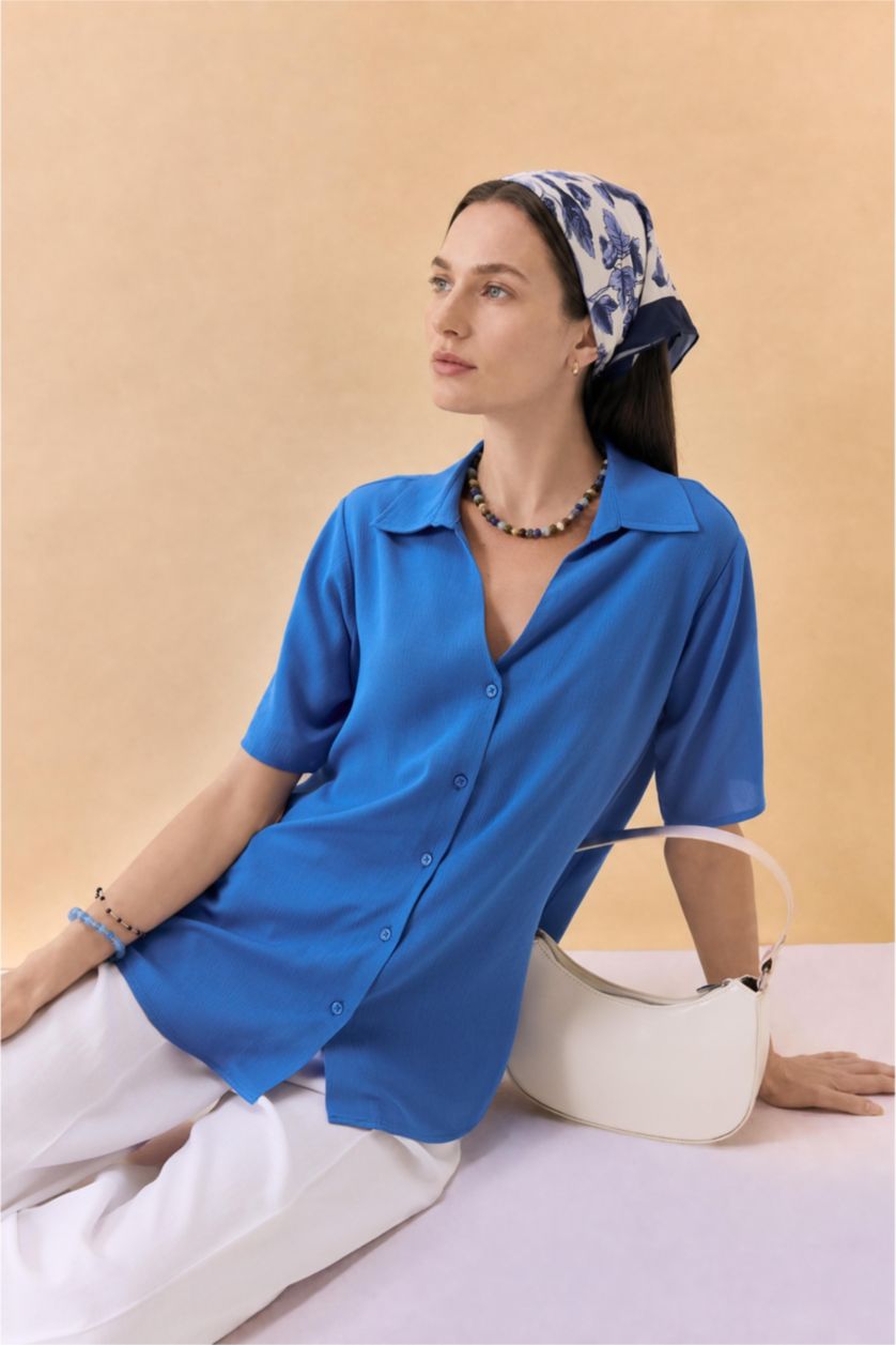 WOMAN Blue Regular Fit Crinkle Viscose Short Sleeve Shirt