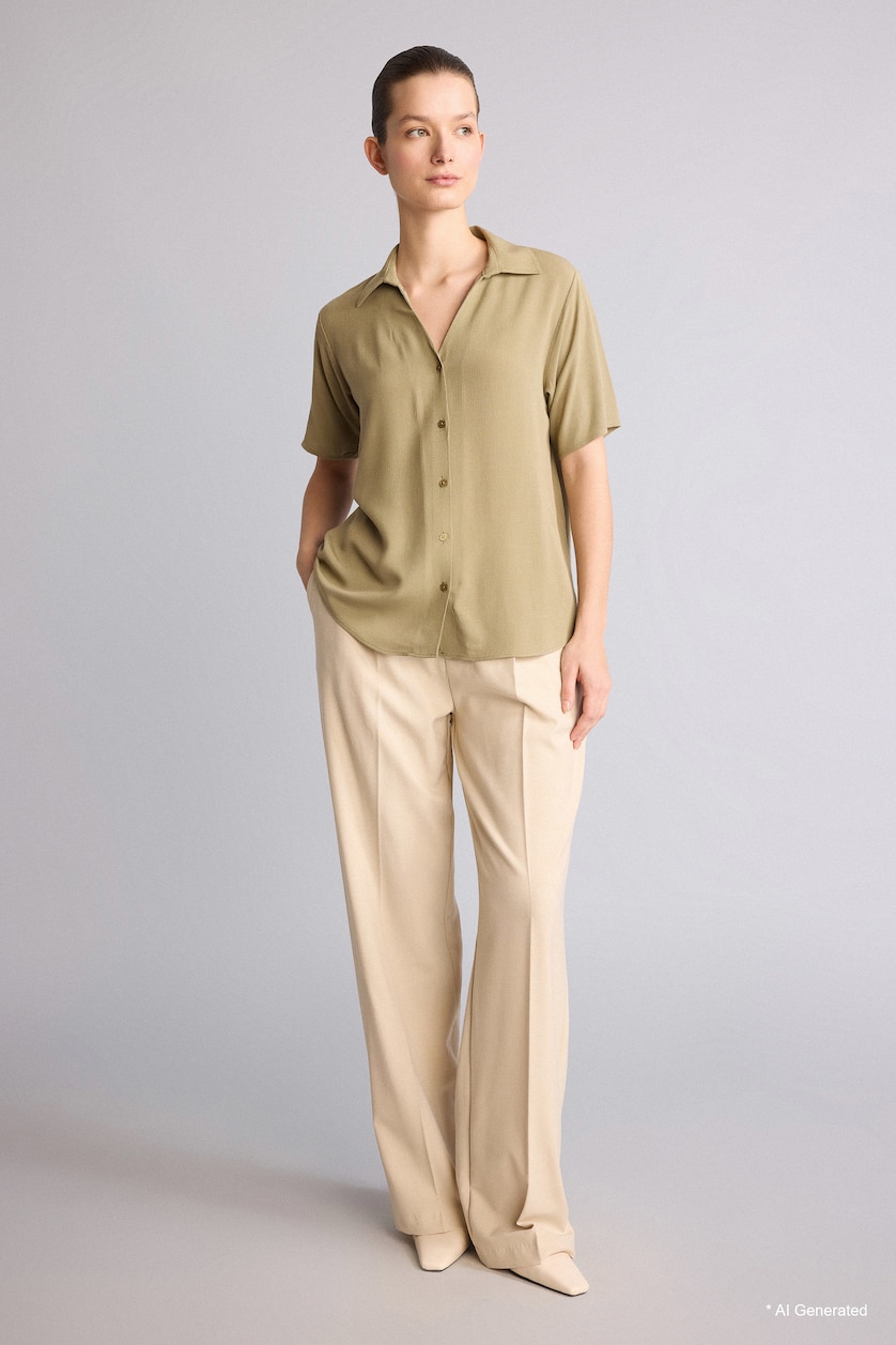 WOMAN Light Khaki Regular Fit Flap Collar Crinkle Viscose Short Sleeve Shirt