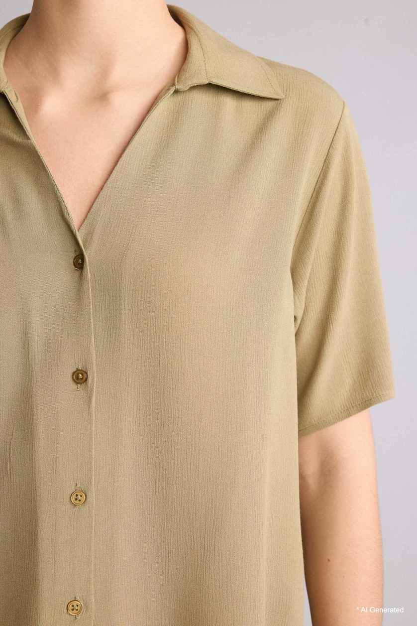 WOMAN Light Khaki Regular Fit Flap Collar Crinkle Viscose Short Sleeve Shirt