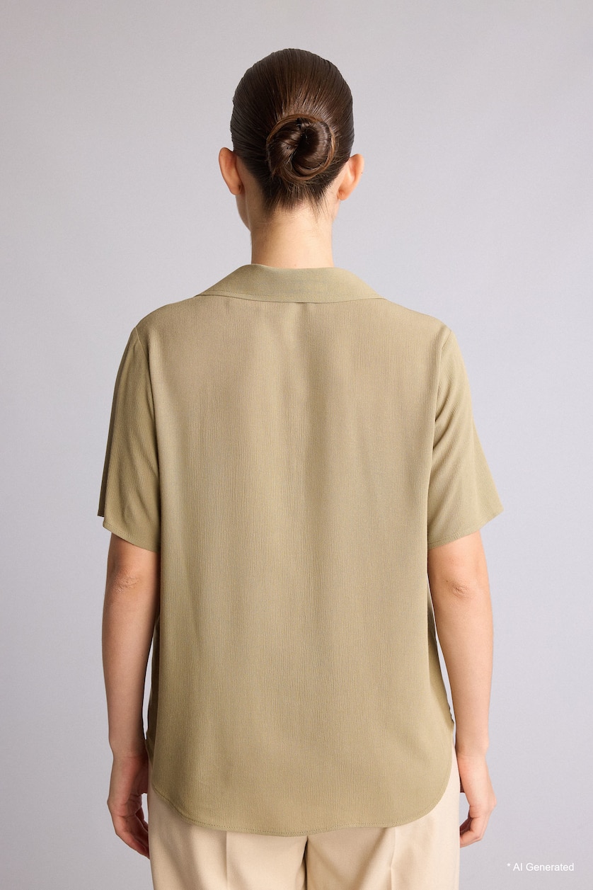 WOMAN Light Khaki Regular Fit Flap Collar Crinkle Viscose Short Sleeve Shirt