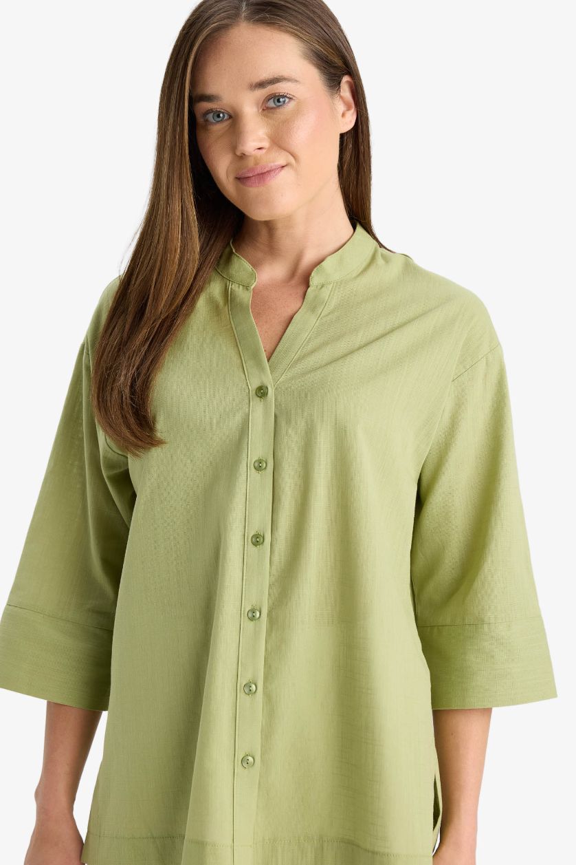 Kadın Yeşil Regular Fit Apaş Yaka Flamlı Pamuk Uzun Kollu Gömlek