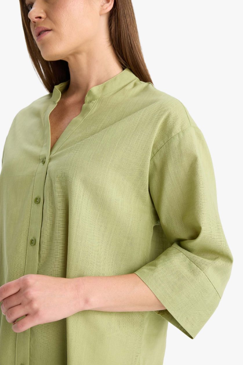 Kadın Yeşil Regular Fit Apaş Yaka Flamlı Pamuk Uzun Kollu Gömlek