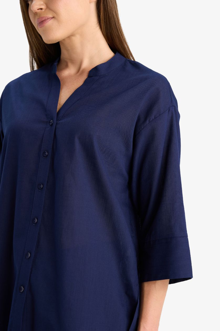 نساء كحلي قميص قطن ردن طويل قصة عادية بياخة مستديرة