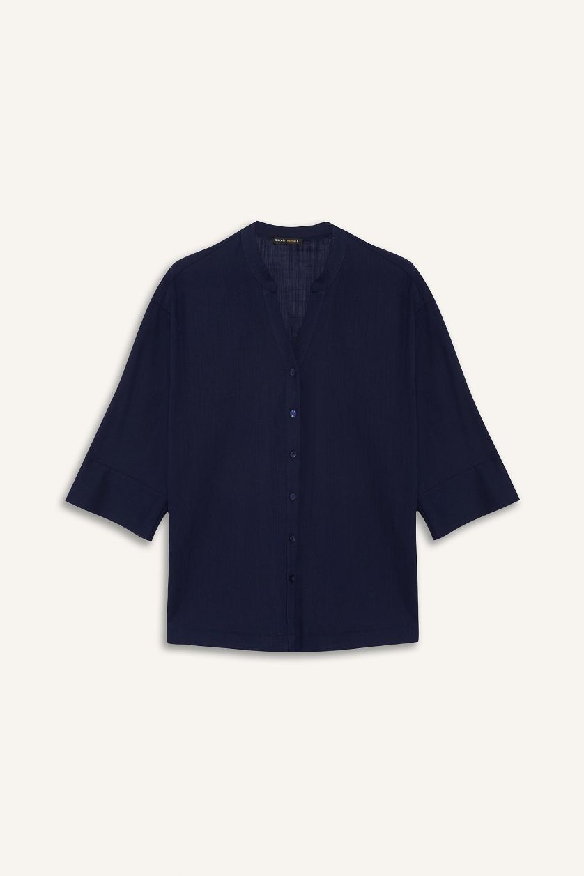 نساء كحلي قميص قطن ردن طويل قصة عادية بياخة مستديرة