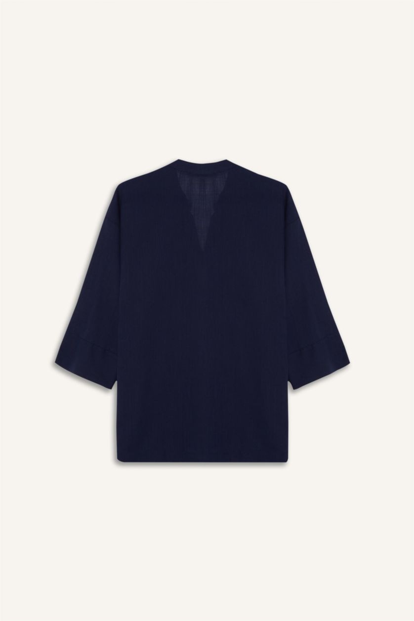 نساء كحلي قميص قطن ردن طويل قصة عادية بياخة مستديرة