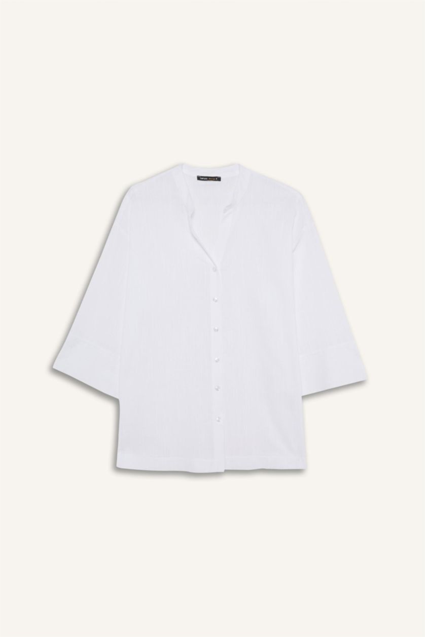 نساء أبيض قميص قطن ردن طويل قصة عادية بياخة مستديرة