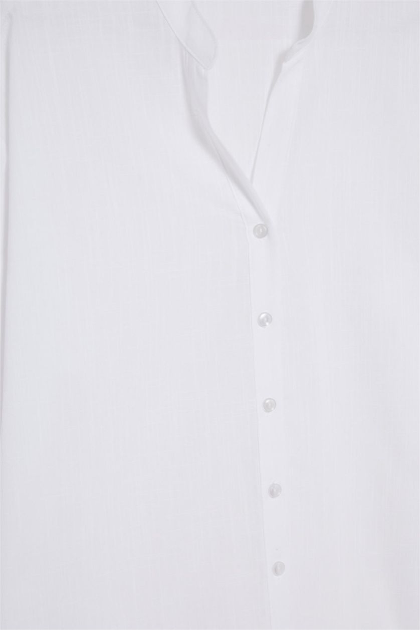 نساء أبيض قميص قطن ردن طويل قصة عادية بياخة مستديرة