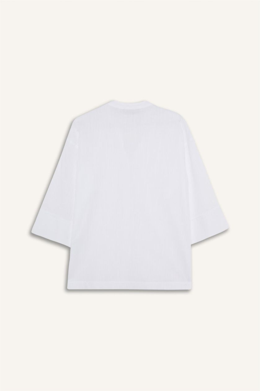 نساء أبيض قميص قطن ردن طويل قصة عادية بياخة مستديرة