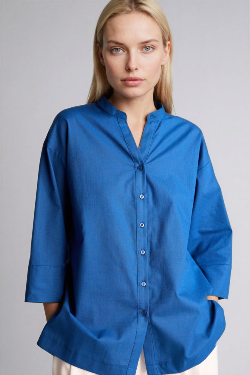 نساء أزرق قميص ردن طويل قطن قصة عادية بياخة مستديرة