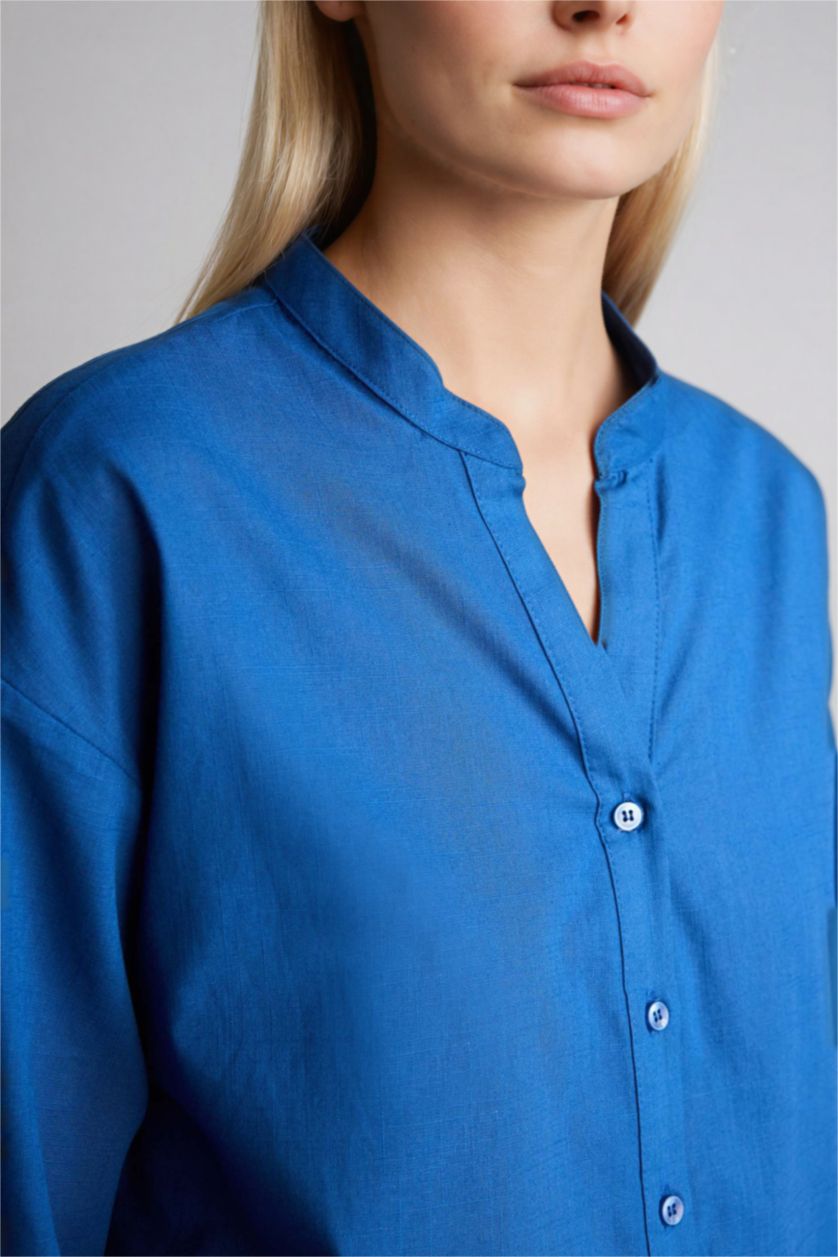 نساء أزرق قميص ردن طويل قطن قصة عادية بياخة مستديرة