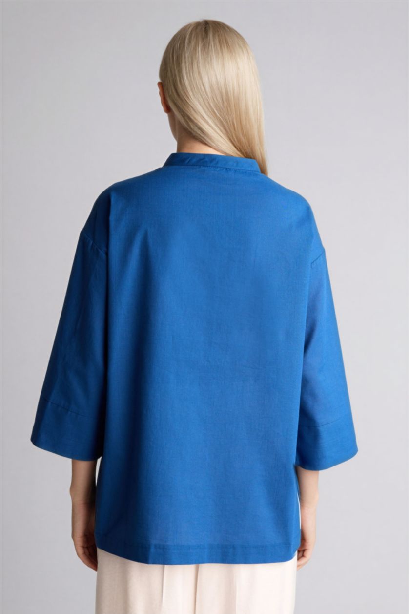 نساء أزرق قميص ردن طويل قطن قصة عادية بياخة مستديرة