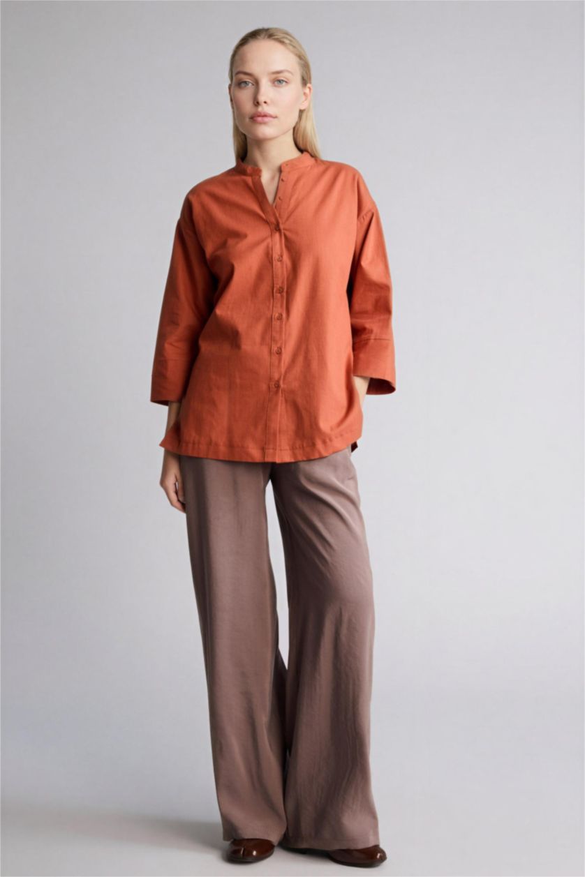 نساء اللون الطوبي قميص ردن طويل قطن قصة عادية بياخة مستديرة