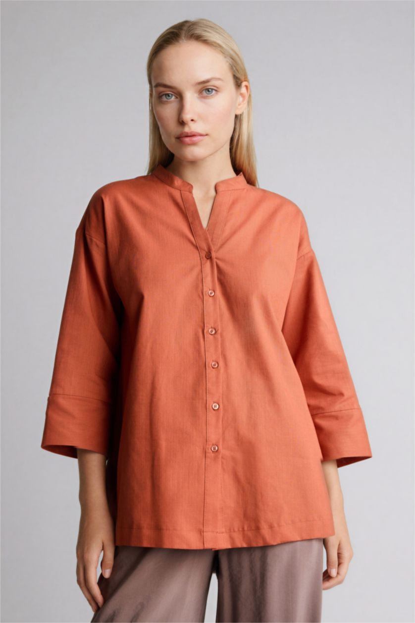 نساء اللون الطوبي قميص ردن طويل قطن قصة عادية بياخة مستديرة