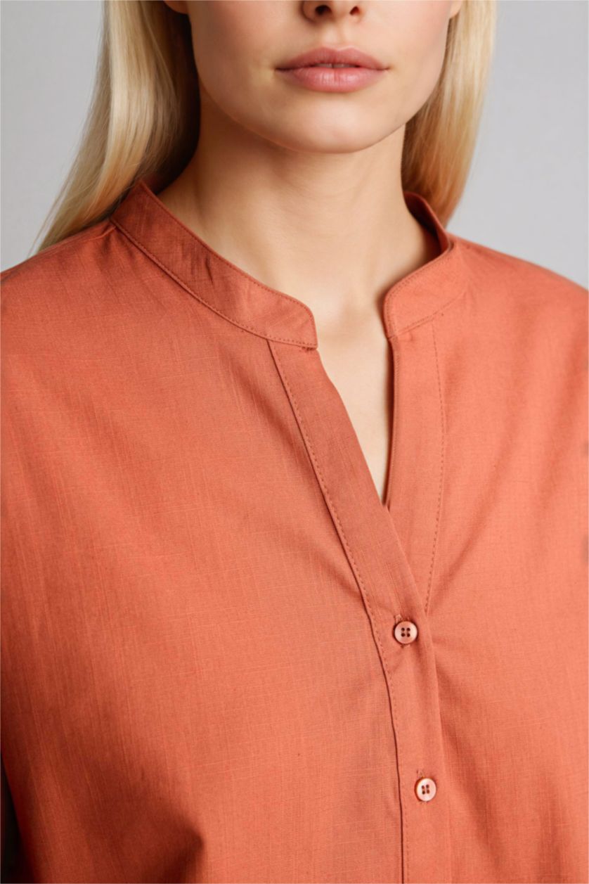 نساء اللون الطوبي قميص ردن طويل قطن قصة عادية بياخة مستديرة