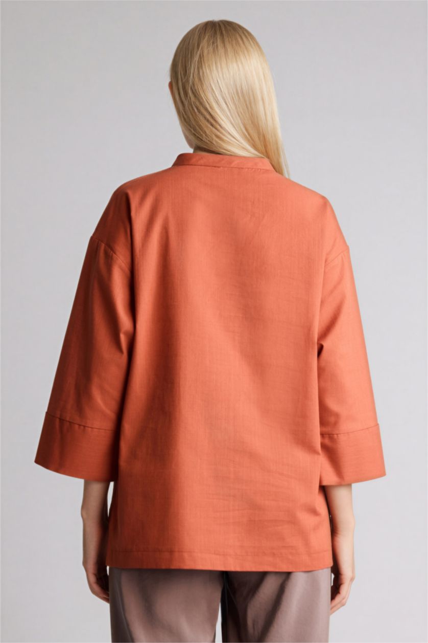 نساء اللون الطوبي قميص ردن طويل قطن قصة عادية بياخة مستديرة