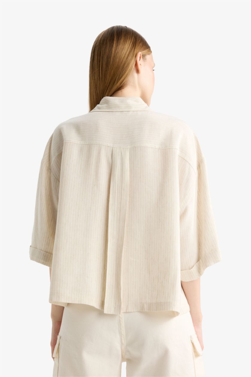 نساء بيج قميص نص ردن اوفر سايز من مزيج الكتان