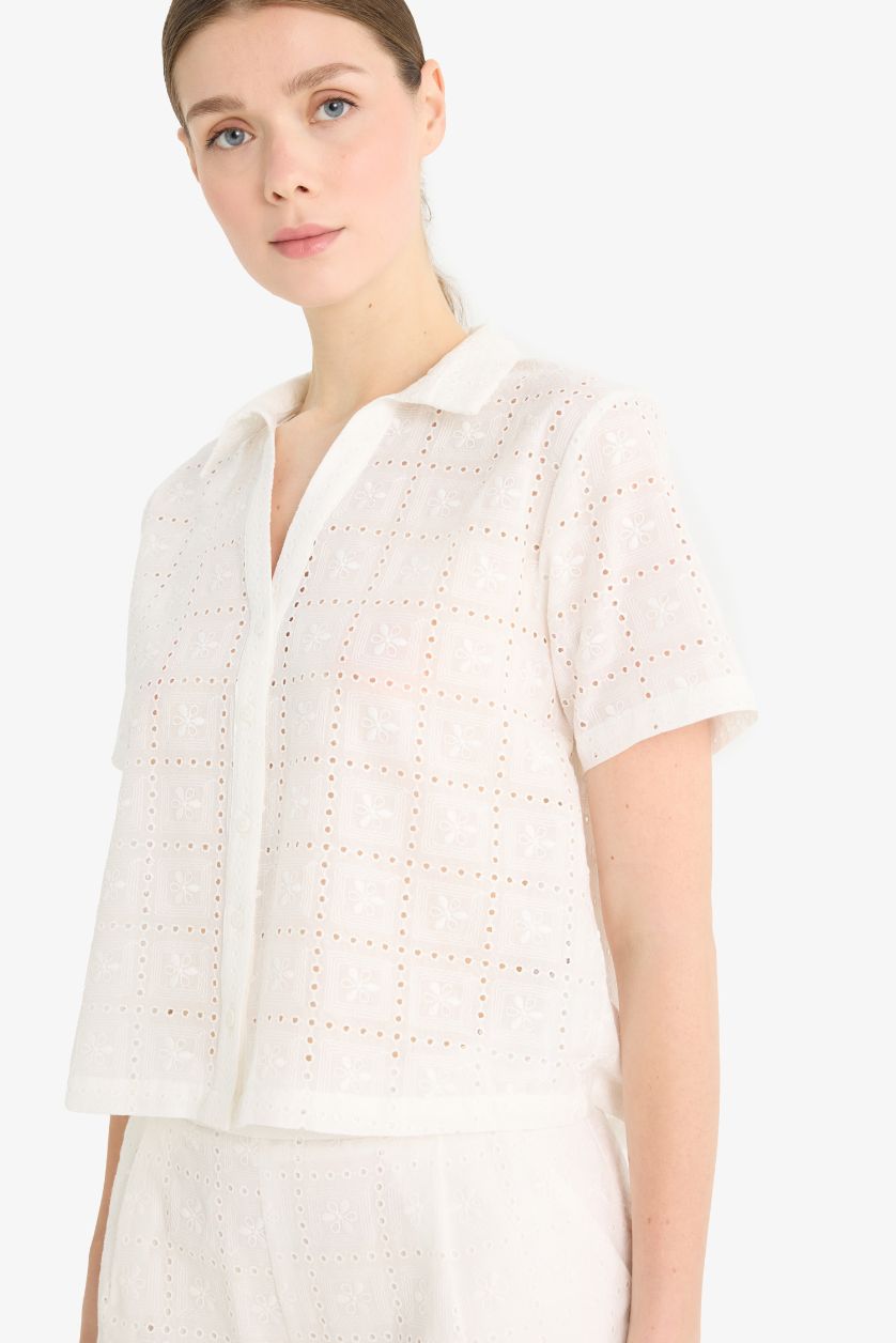 WOMAN White Regular Fit Shirt Collar Embroidered Short Sleeve Shirt