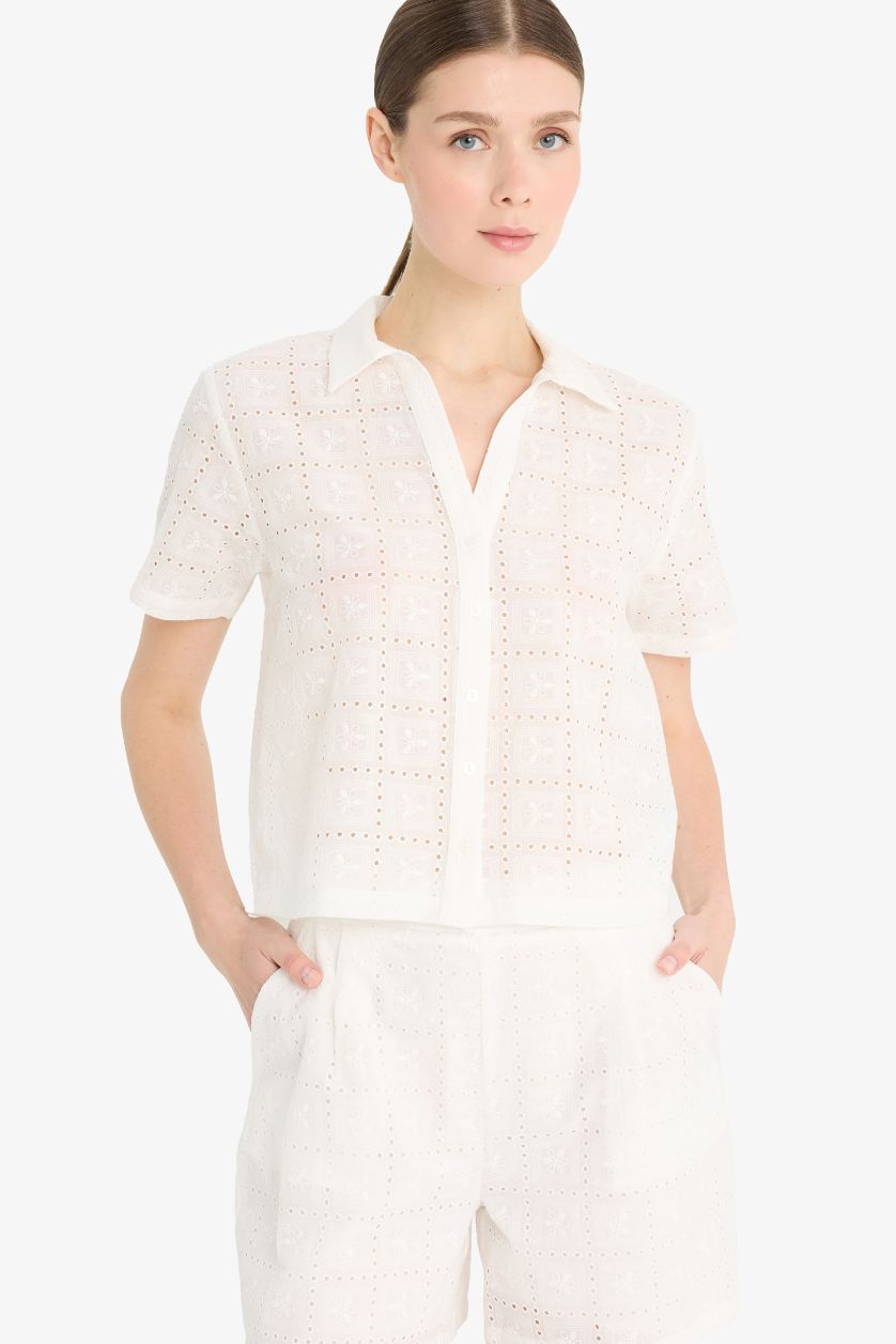 WOMAN White Regular Fit Shirt Collar Embroidered Short Sleeve Shirt