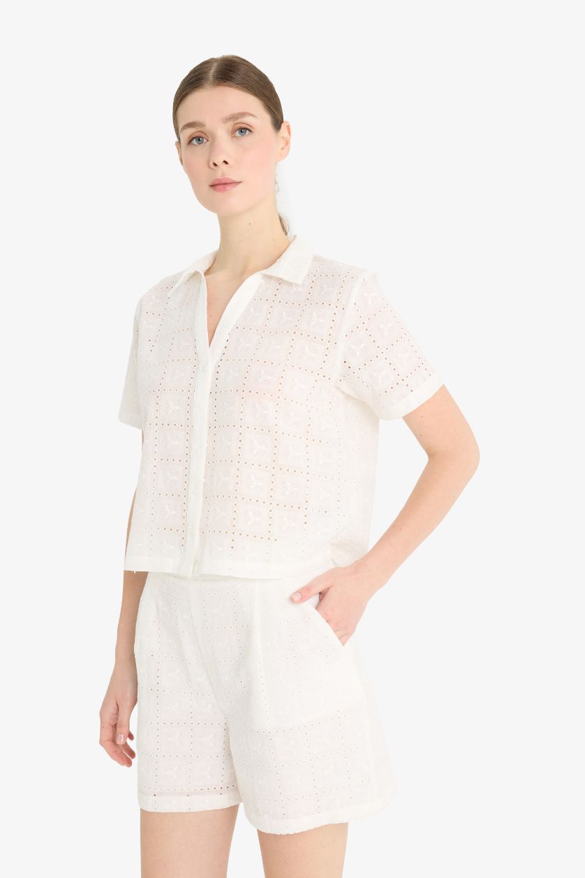 WOMAN White Regular Fit Shirt Collar Embroidered Short Sleeve Shirt