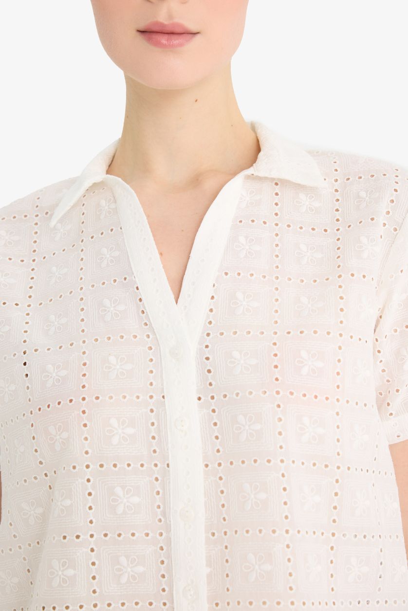 WOMAN White Regular Fit Shirt Collar Embroidered Short Sleeve Shirt