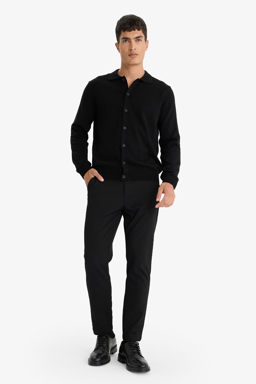 Erkek Siyah %100 Pamuk Standart Fit Polo Yaka Triko Hırka