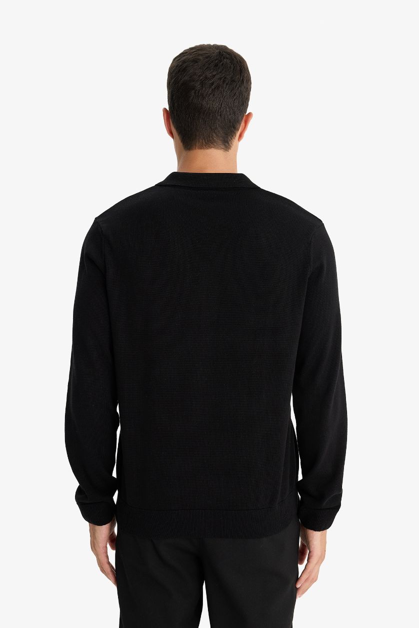 Erkek Siyah %100 Pamuk Standart Fit Polo Yaka Triko Hırka