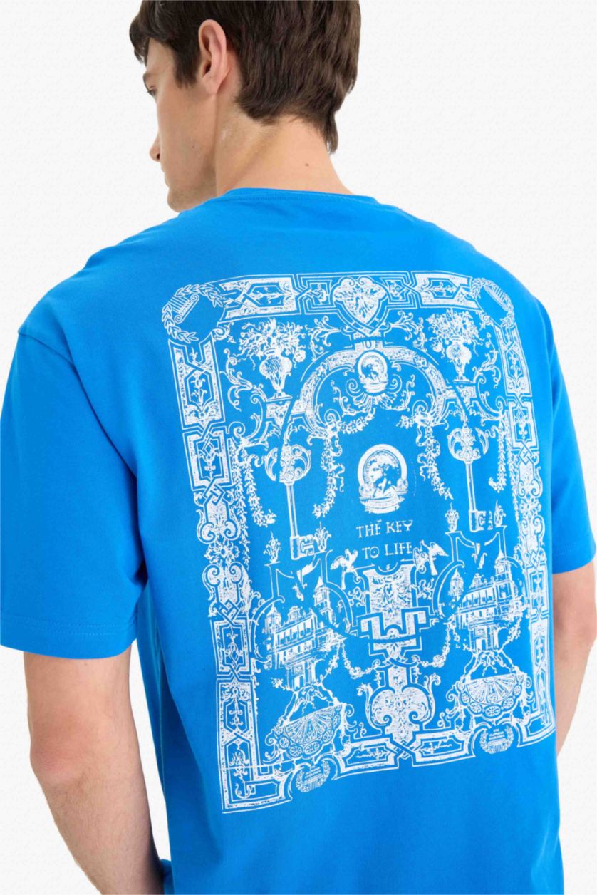 Erkek Royal %100 Pamuk Boxy Fit Bisiklet Yaka Sırt Baskılı Kısa Kollu Tişört