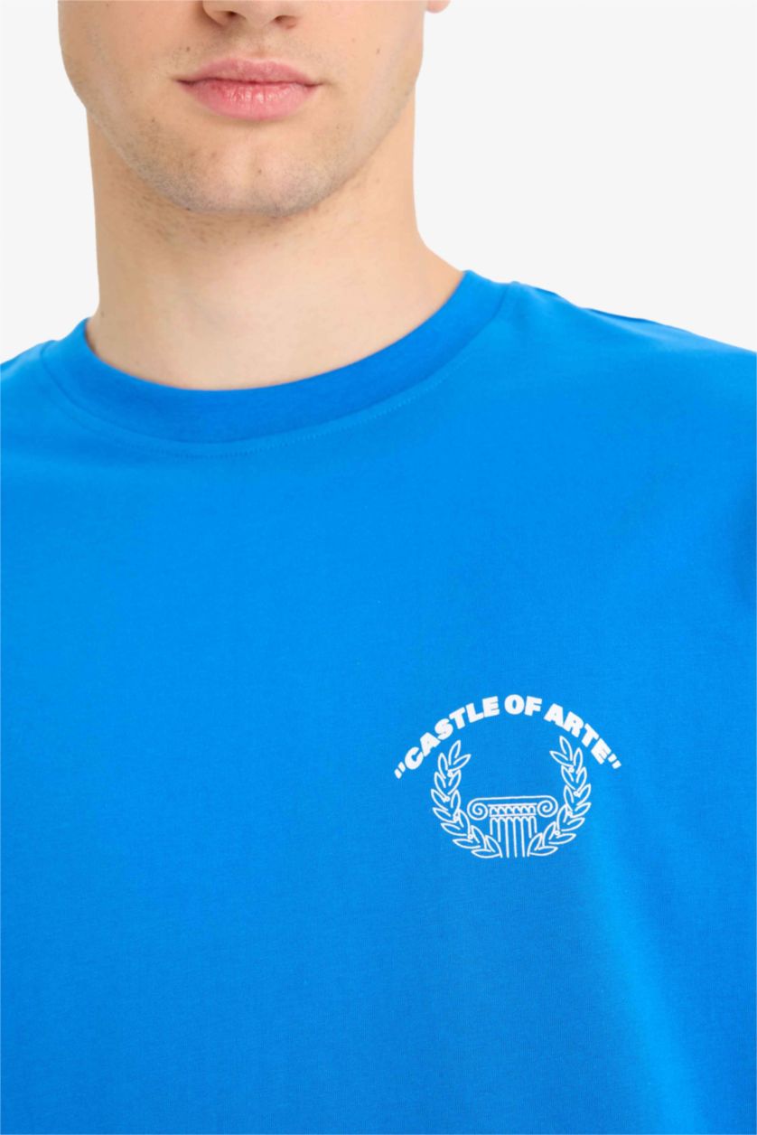 Erkek Royal %100 Pamuk Boxy Fit Bisiklet Yaka Sırt Baskılı Kısa Kollu Tişört