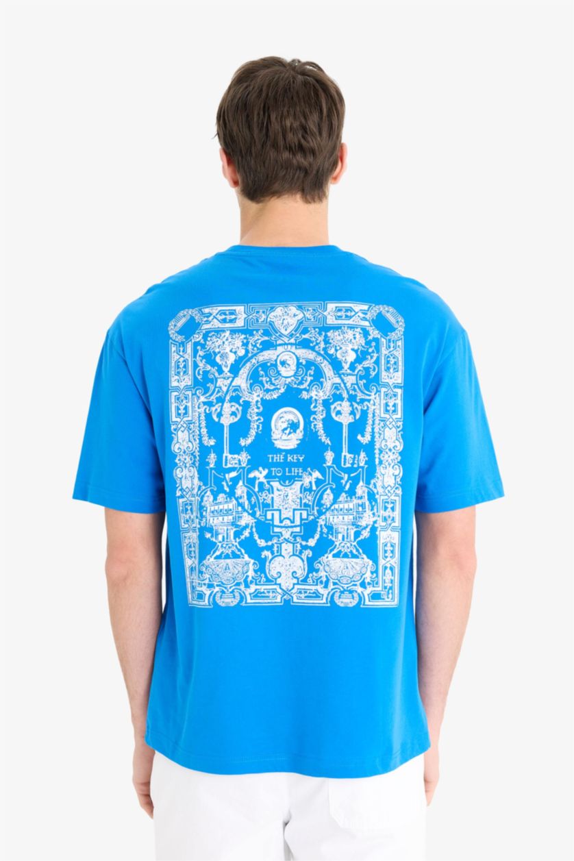 Erkek Royal %100 Pamuk Boxy Fit Bisiklet Yaka Sırt Baskılı Kısa Kollu Tişört