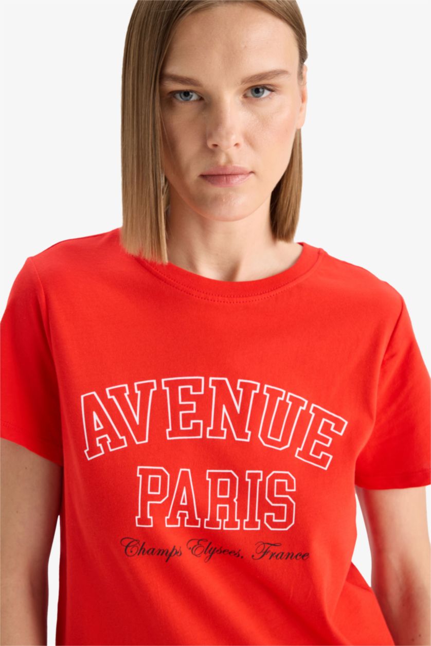 نساء أحمر تيشيرت نص كم من قطن مطبوع برقبة مستديرة