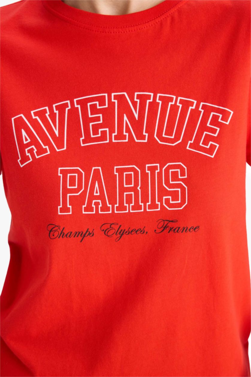 نساء أحمر تيشيرت نص كم من قطن مطبوع برقبة مستديرة