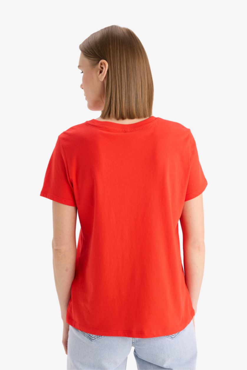 نساء أحمر تيشيرت نص كم من قطن مطبوع برقبة مستديرة