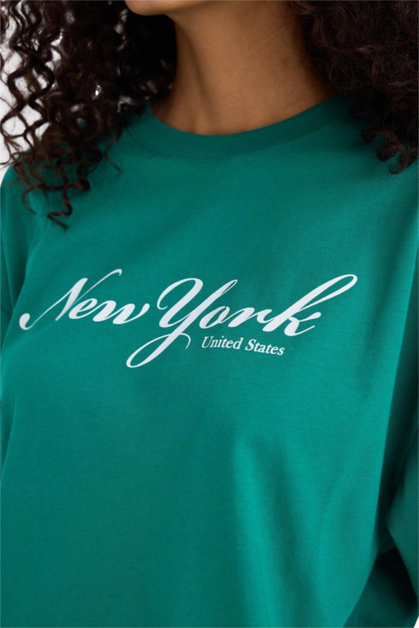 Kadın Yeşil Regular Fit Bisiklet Yaka Baskılı Penye Kısa Kollu Tişört