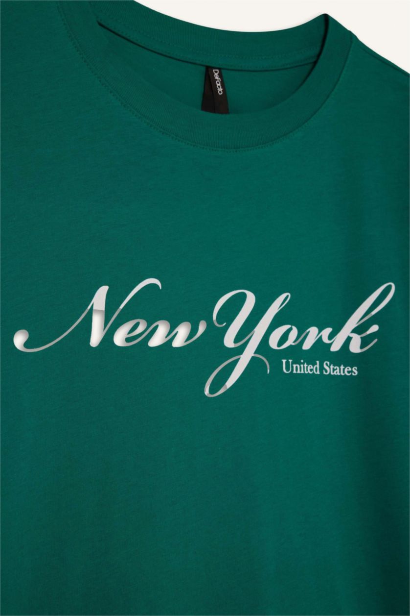 Kadın Yeşil Regular Fit Bisiklet Yaka Baskılı Penye Kısa Kollu Tişört