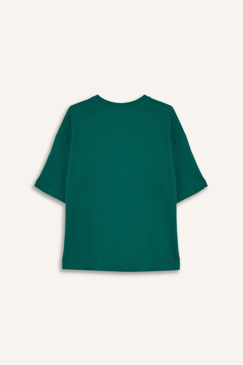 Kadın Yeşil Regular Fit Bisiklet Yaka Baskılı Penye Kısa Kollu Tişört