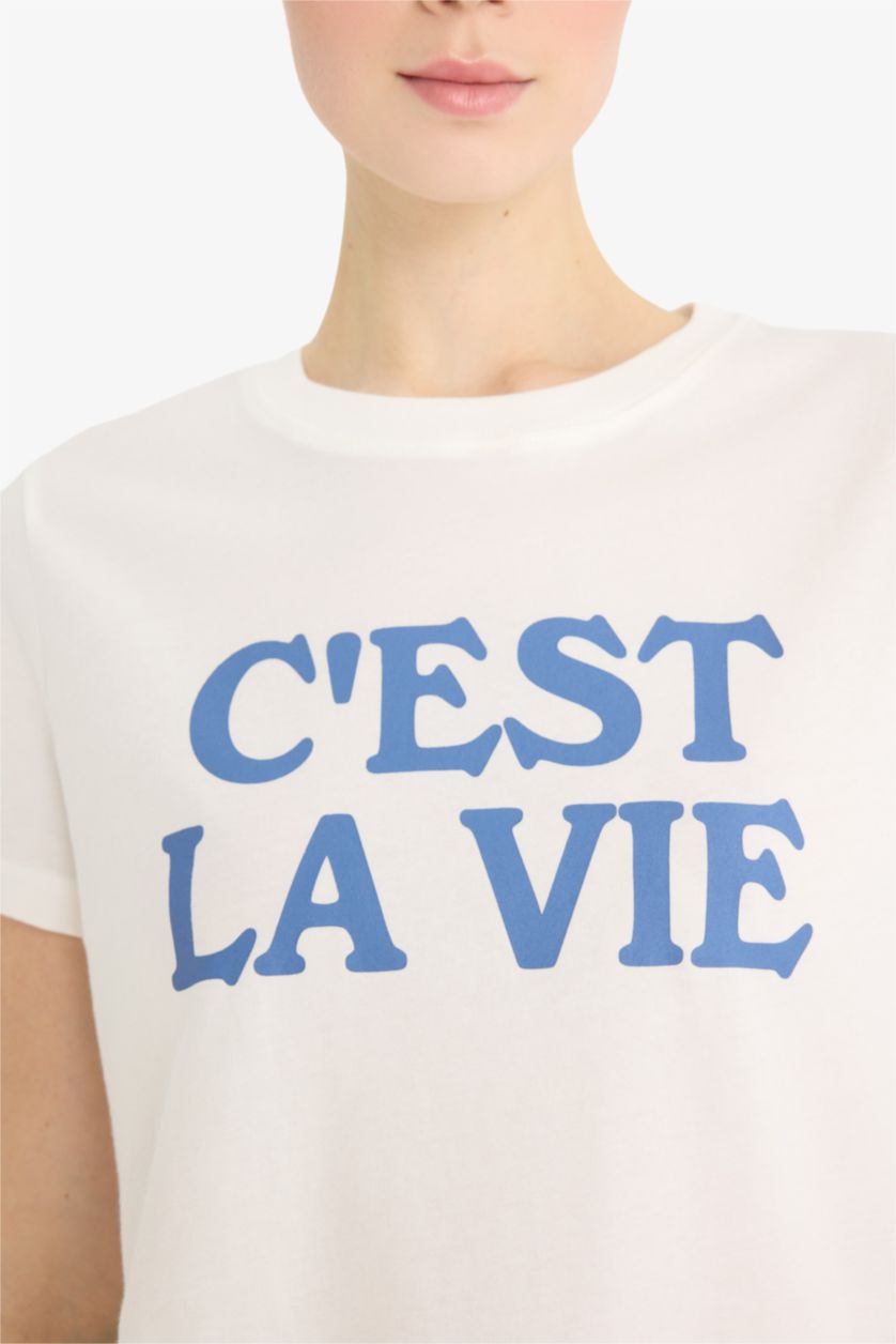 Kadın Ekru %100 Pamuk Baskılı Penye Tişört