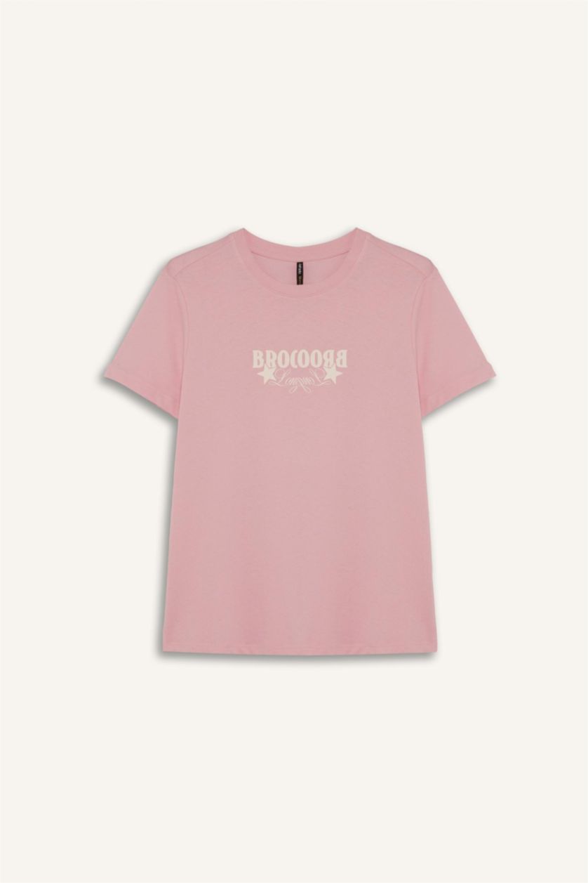 نساء زهري فاتح تيشيرت نص ردن ممشط قصة عادية وياخة مستديرة