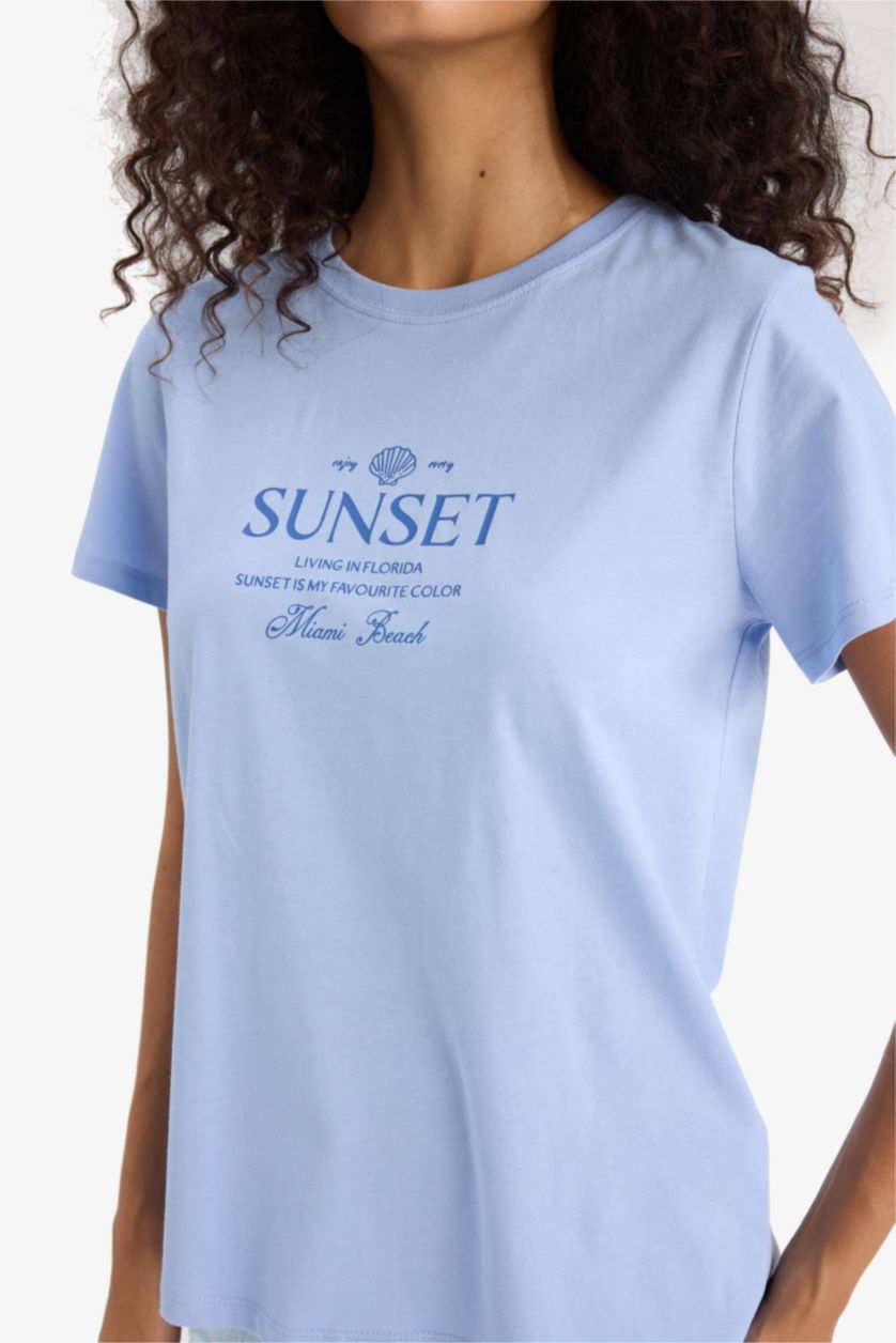 Kadın Mavi %100 Pamuk Baskılı Penye Tişört